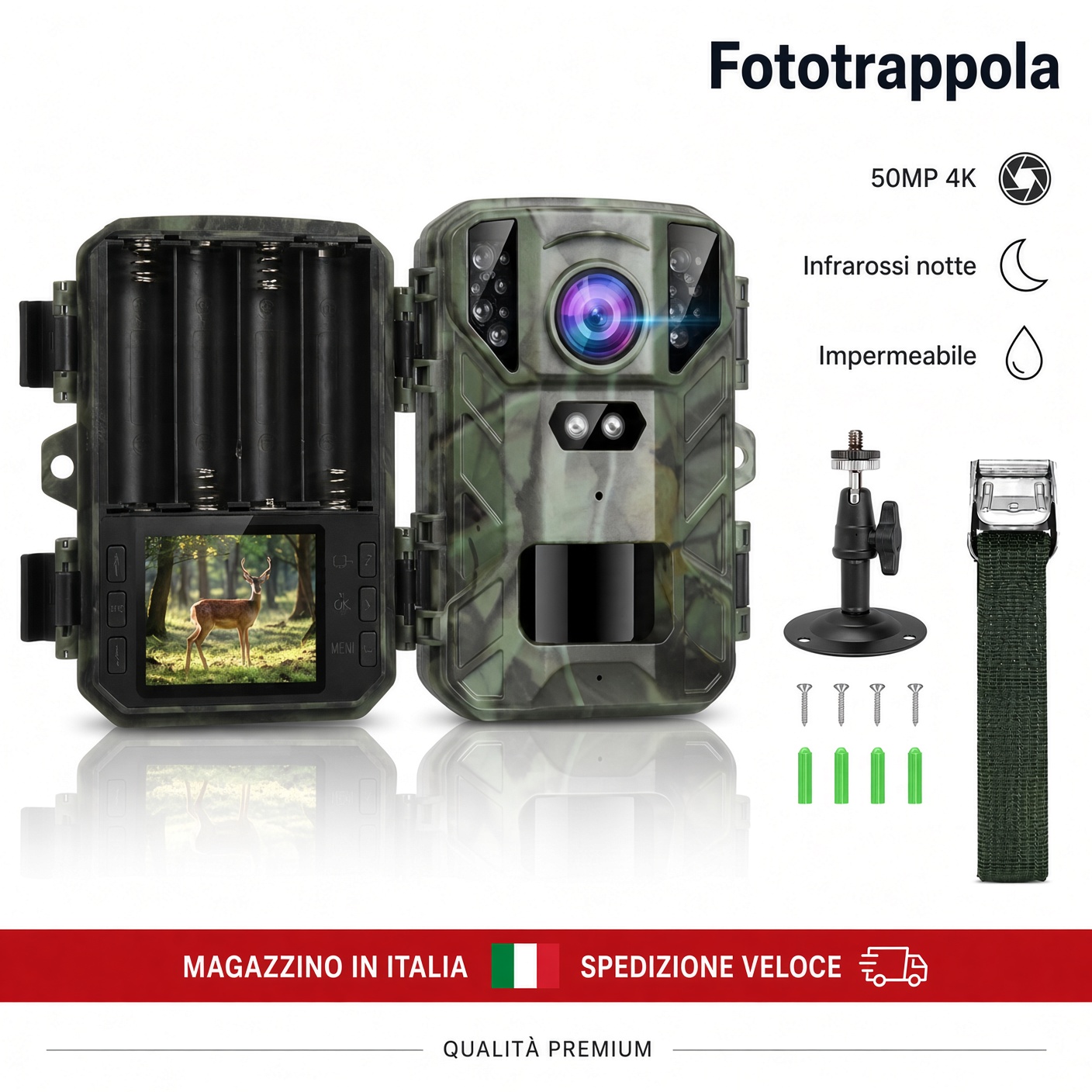 Fototrappola Notturna Telecamera Caccia 50MP 4K Video Infrarossi Impermeabile