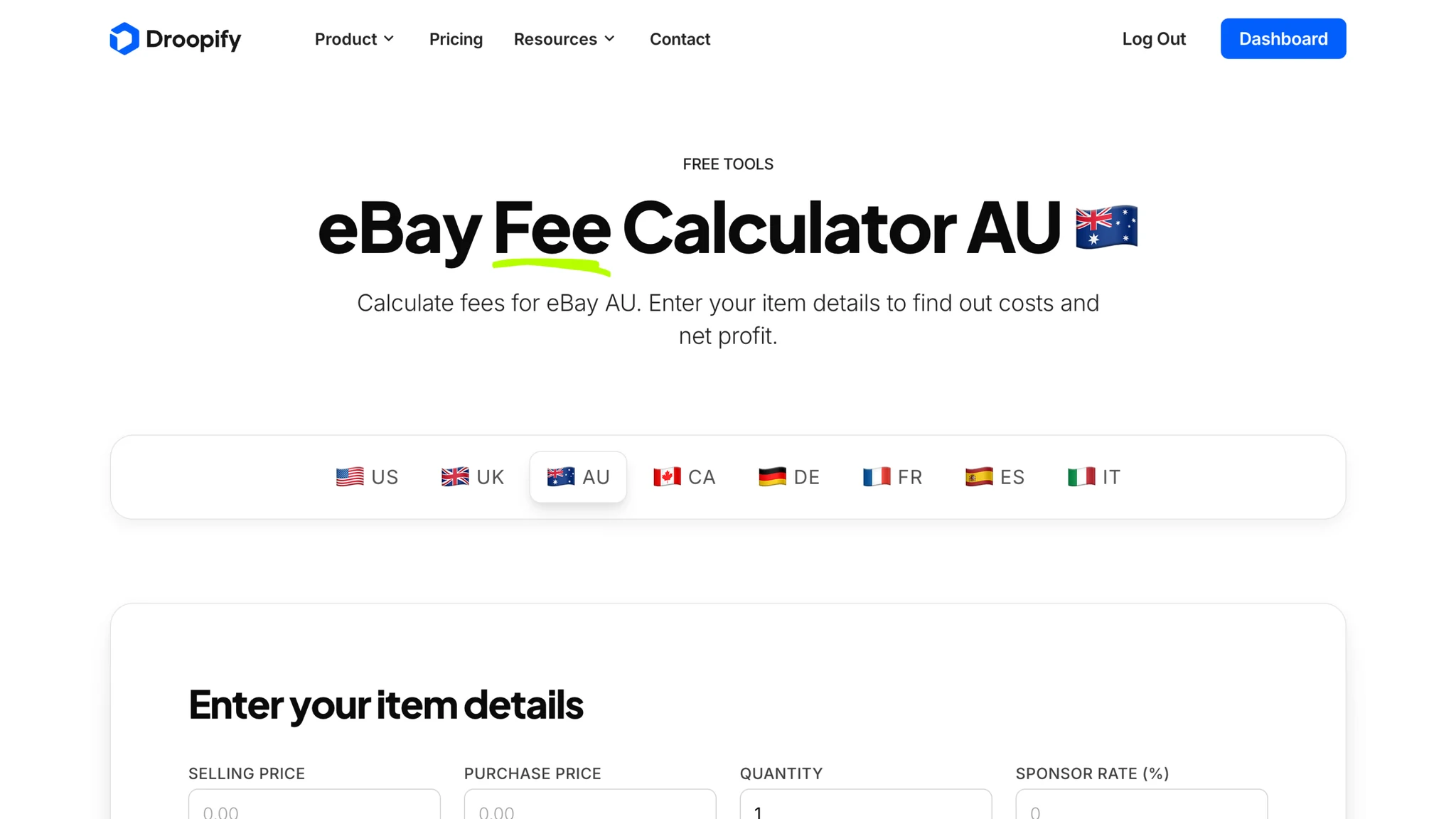 Droopify eBay Fees Calculator Australia showing fees in AUD with GST applied