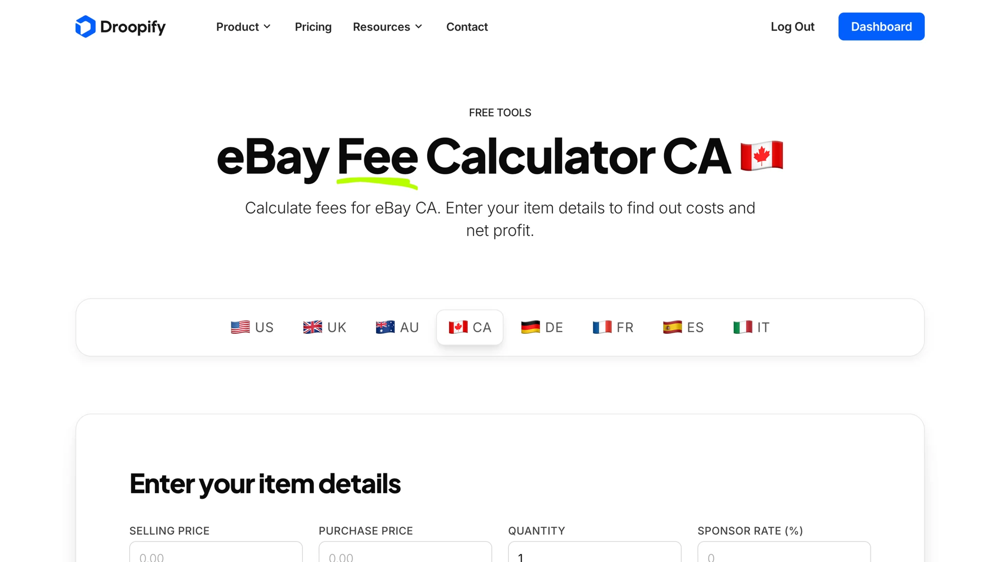 Droopify eBay Fees Calculator Canada with fees in CAD on a sample order