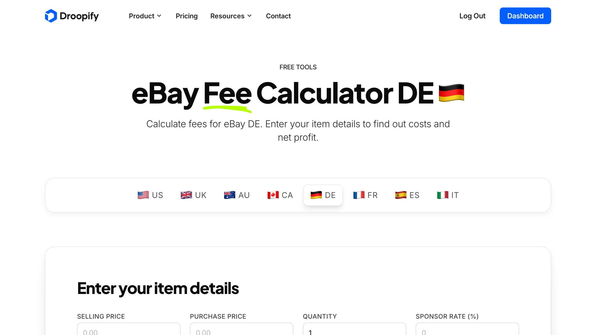 Droopify eBay Fees Calculator Germany showing fees in euro with MwSt applied