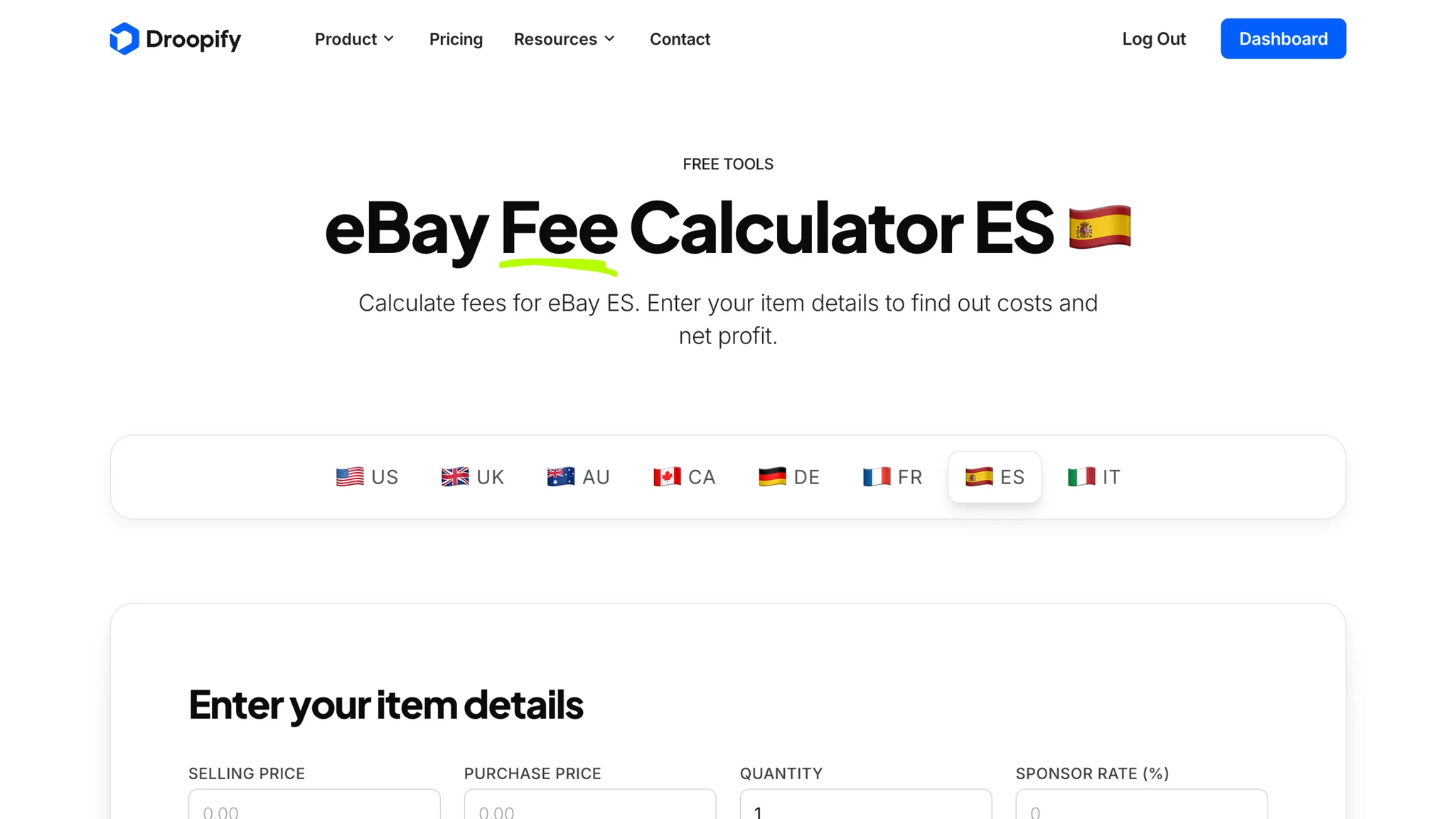 Droopify eBay Fees Calculator Spain showing fees and IVA in euro on a sample sale