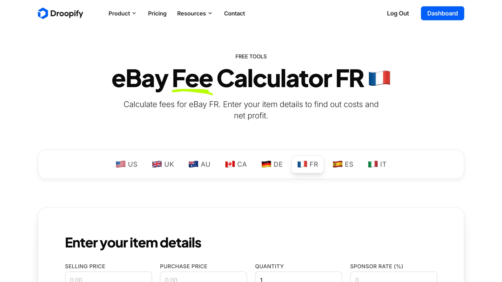 Droopify eBay Fees Calculator France with sample fees and TVA in euro