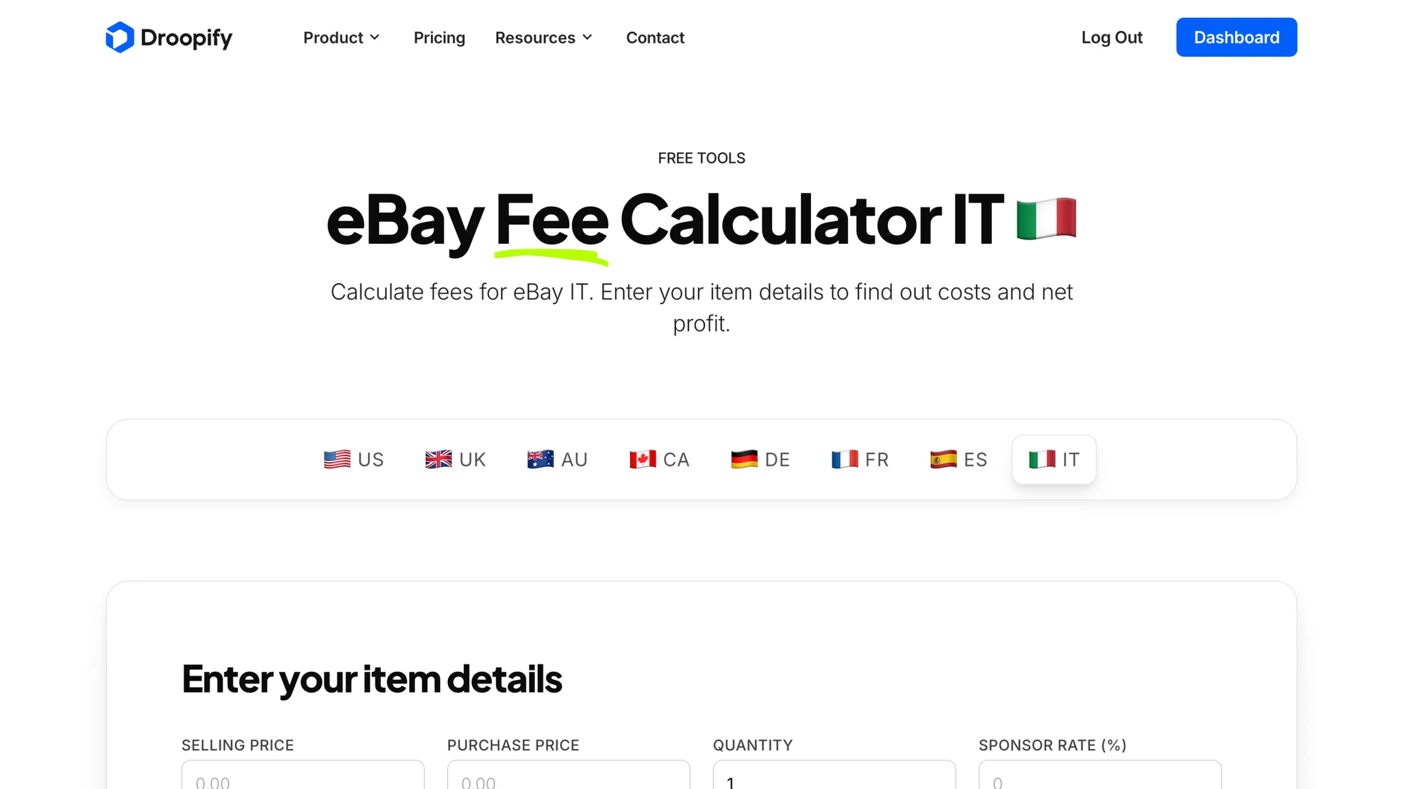 Droopify eBay Fees Calculator Italy with fees and 22% IVA on a sample order