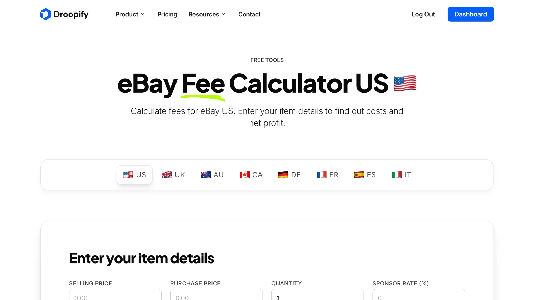Droopify eBay Fees Calculator US showing fees and net profit on a sample listing