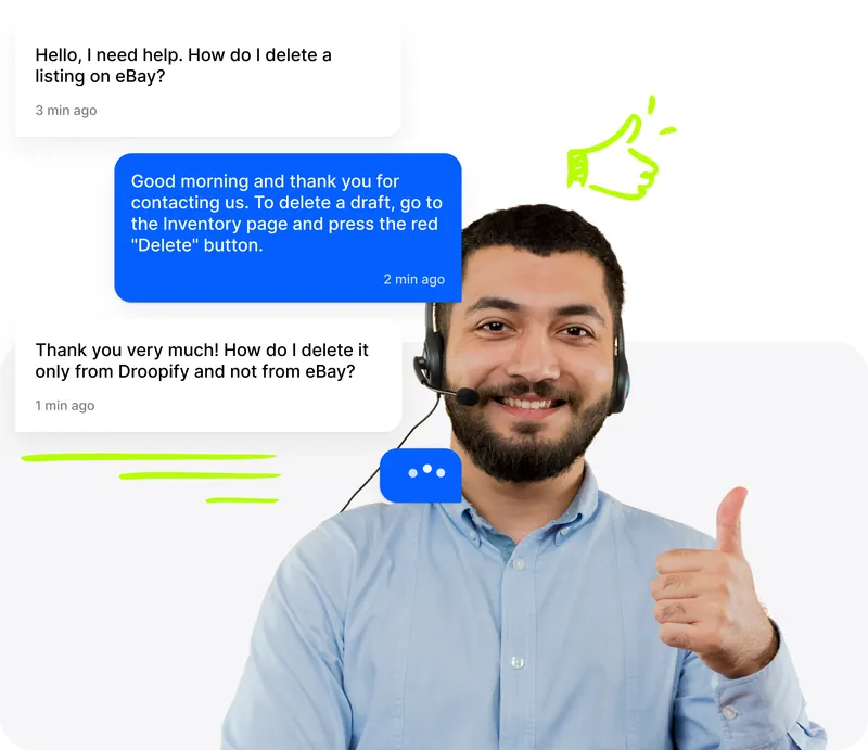 Operatore del supporto Droopify disponibile per aiutare i venditori