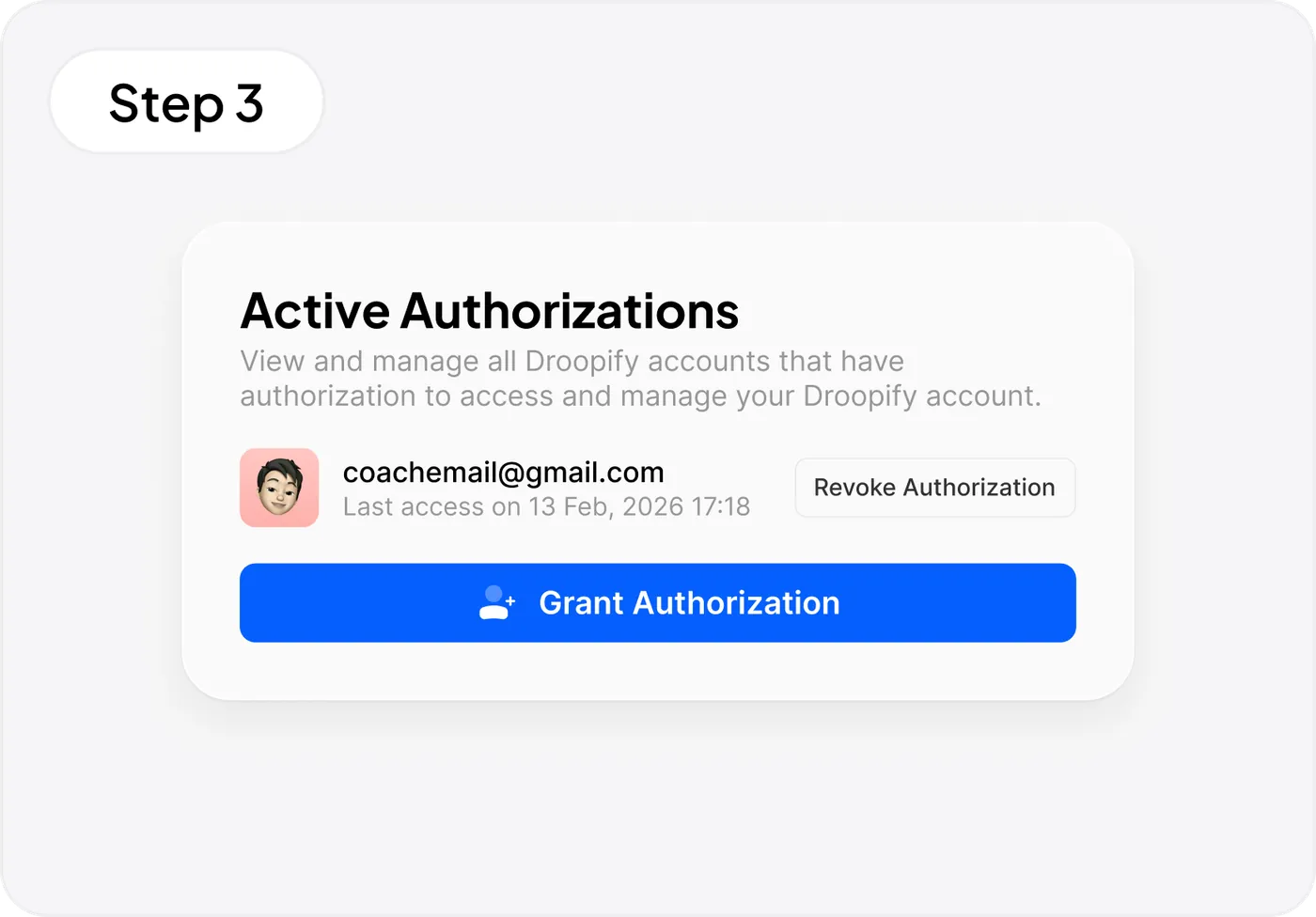 Pannello autorizzazioni attive di Droopify con opzioni per gestire e revocare gli accessi