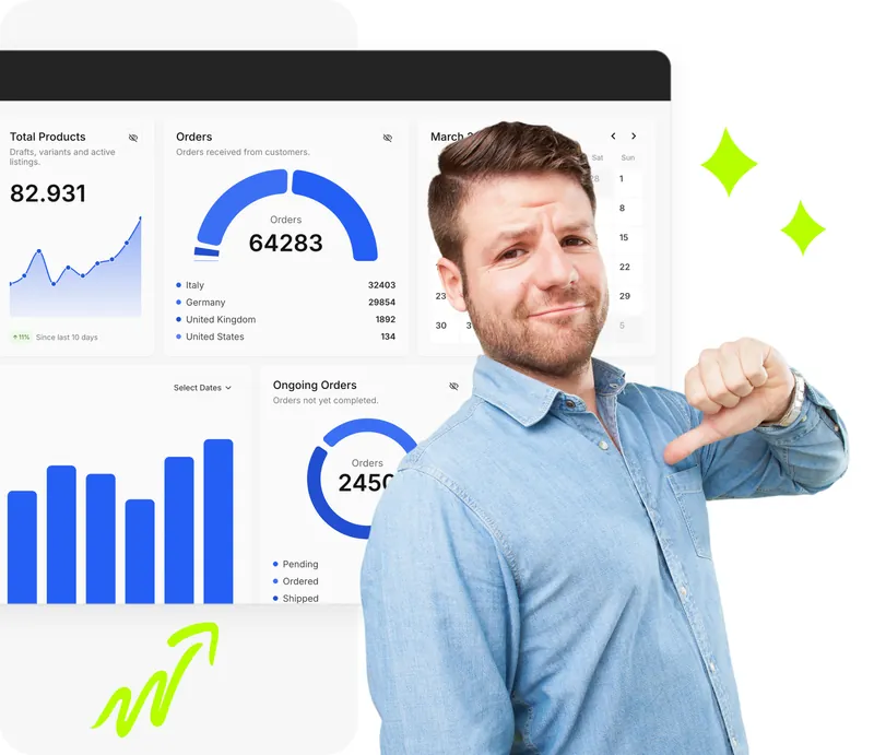 Ragazzo davanti alla dashboard analytics Droopify con grafici ordini e prodotti