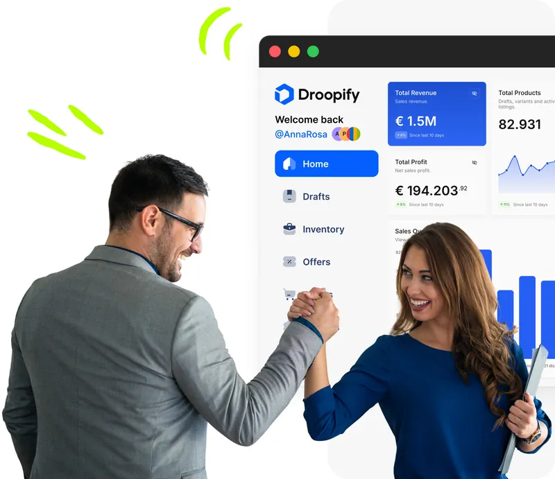 Coach e venditrice che collaborano con la dashboard Droopify sullo sfondo
