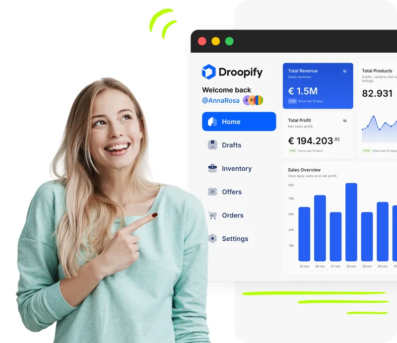Venditrice che indica la dashboard Droopify con panoramica vendite e profitti