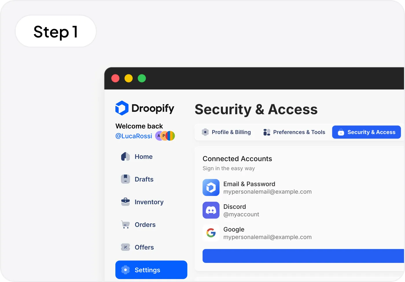 Schermata Sicurezza e Accesso di Droopify nella sezione Impostazioni