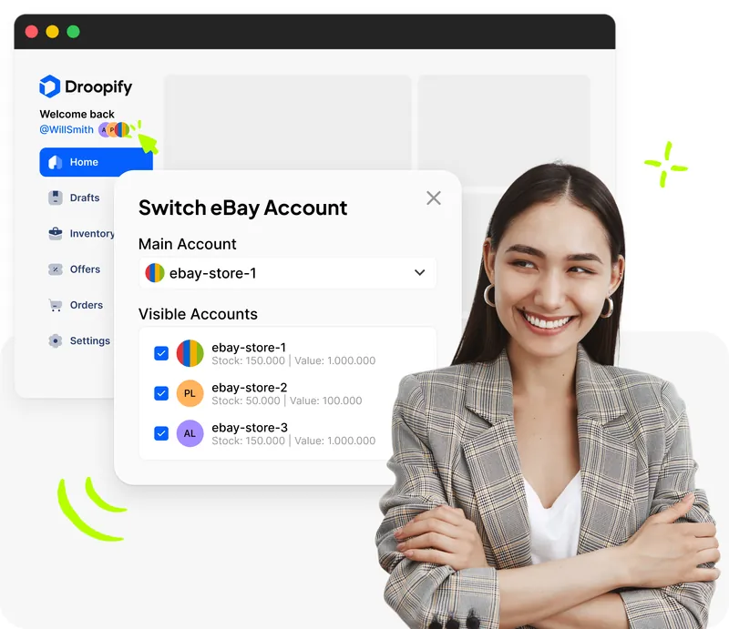 Venditrice sorridente con pannello Droopify Switch eBay Account e tre negozi visibili con stock e valore inventario