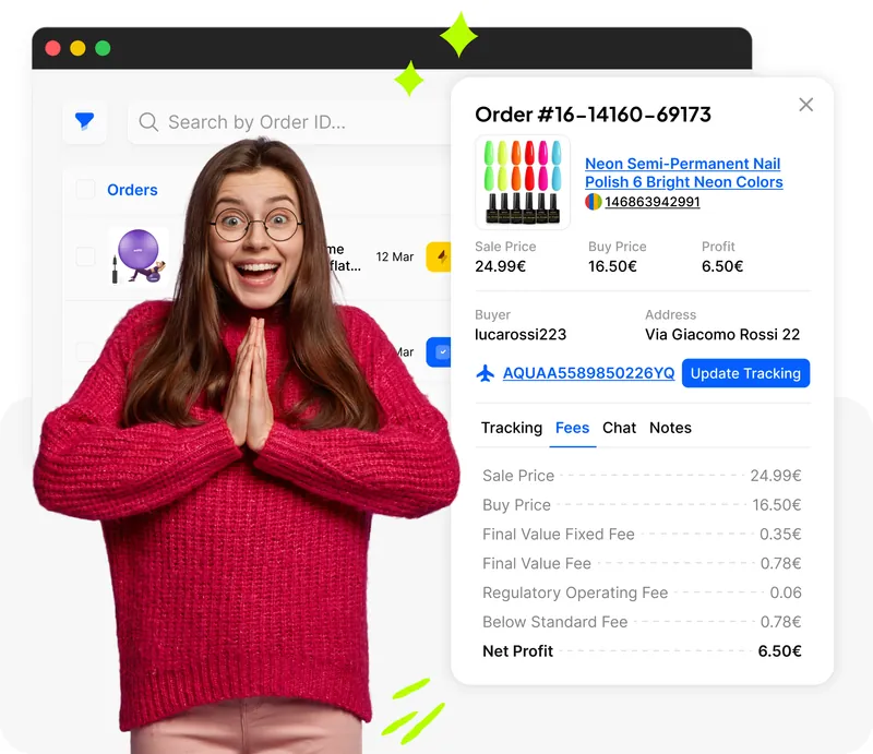 Venditrice entusiasta con dettaglio ordine Droopify e scheda commissioni eBay con scomposizione completa e profitto netto