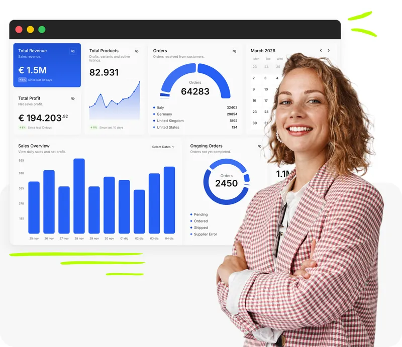 Venditrice sorridente con dashboard Droopify: fatturato totale, profitto netto, ordini per paese, panoramica vendite e ordini in corso