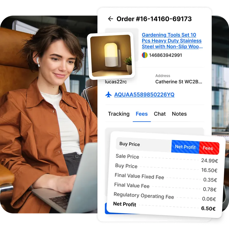 Venditrice al lavoro con laptop e dettaglio ordine Droopify con tab commissioni, prezzo di vendita, acquisto e profitto netto