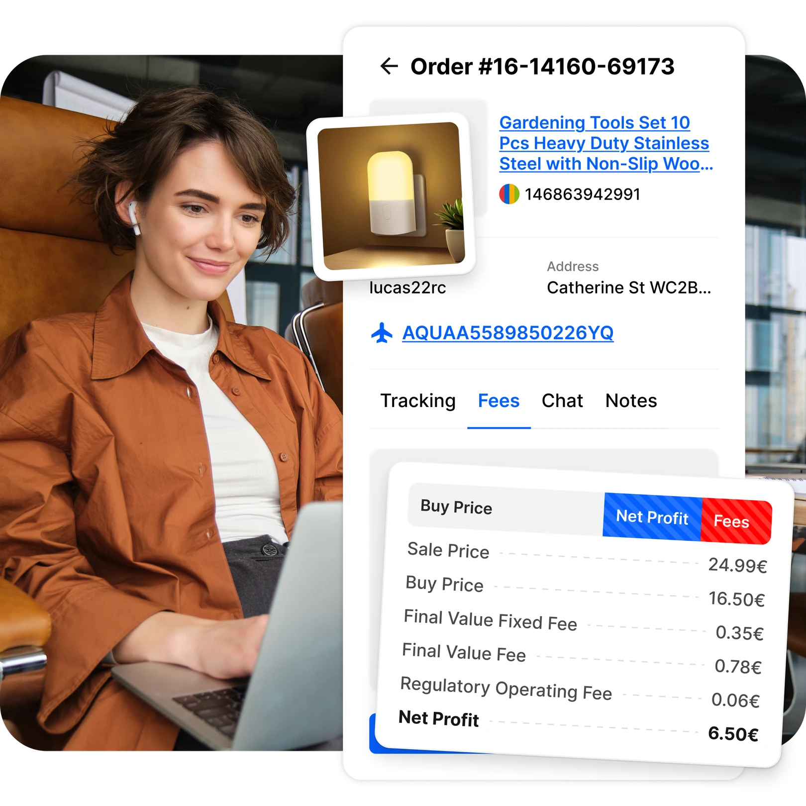 https://cdn.droopify.co/images/features/analytics-and-dashboard/hero-droopify-ebay-order-fees-net-profit.webp Female seller at work with laptop and Droopify order detail with fees tab, selling price, purchase price, and net profit