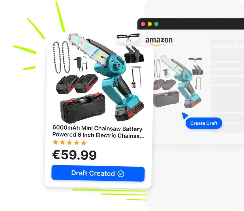 Pagina prodotto Amazon con pulsante Crea Bozza dell'estensione Chrome Droopify e card prodotto con badge Bozza Creata