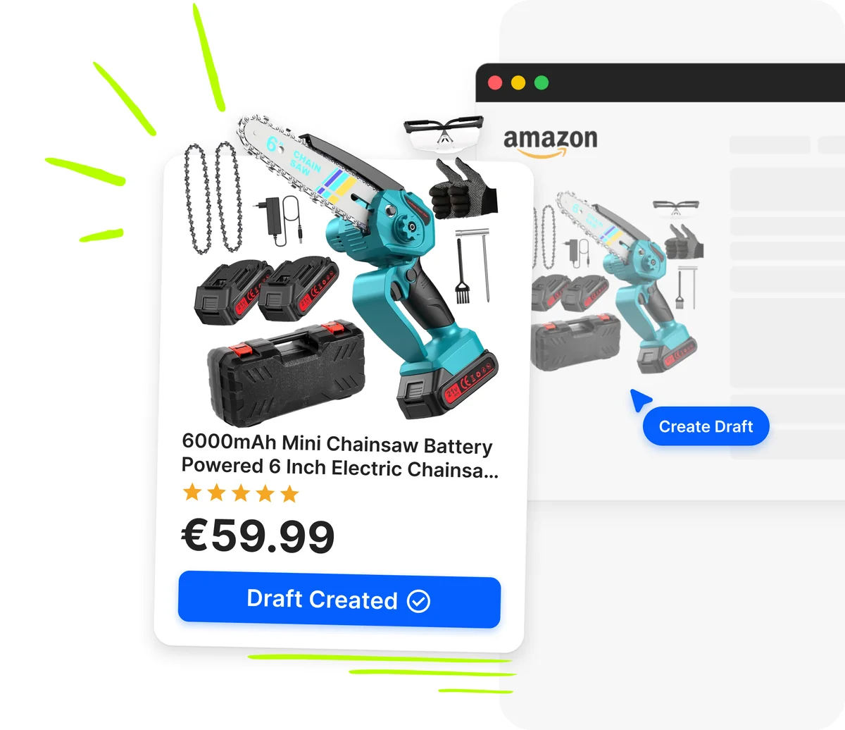Amazon product page with Create Draft button from Droopify Chrome extension and product card with Draft Created badge