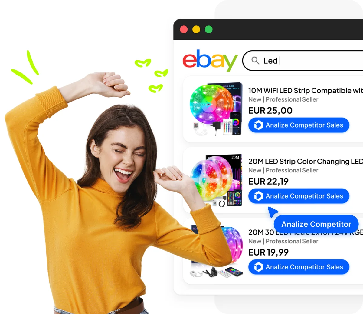 Excited seller with eBay search results and Analyze Competitor Sales button on every listing