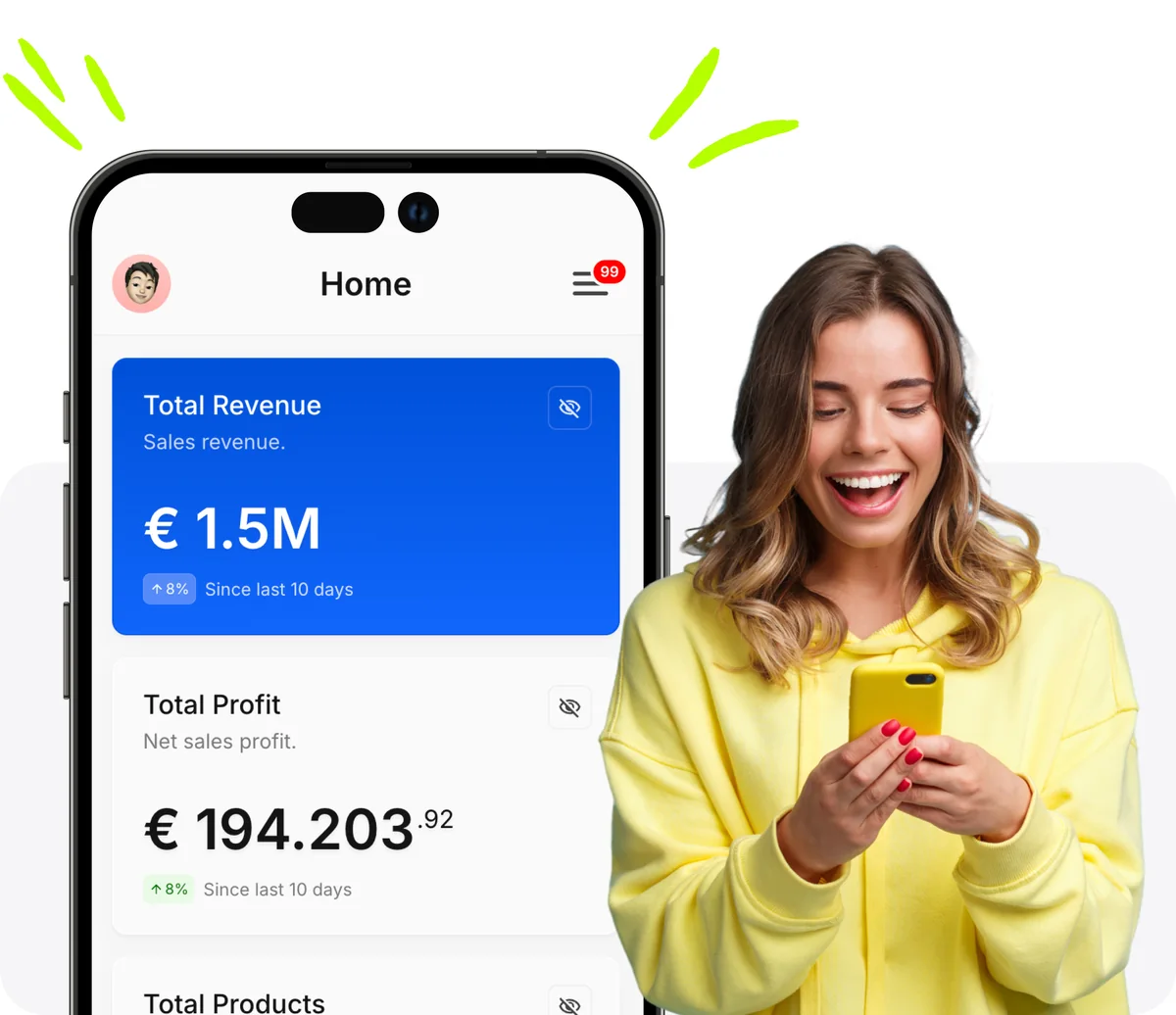 Smiling girl with smartphone and Droopify app on iPhone with total revenue, net profit, and total products