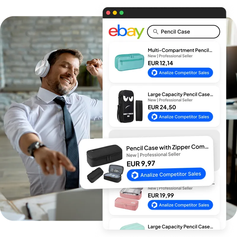 Venditore sorridente con cuffie e risultati ricerca eBay con pulsante Analizza Vendite Competitor su ogni inserzione