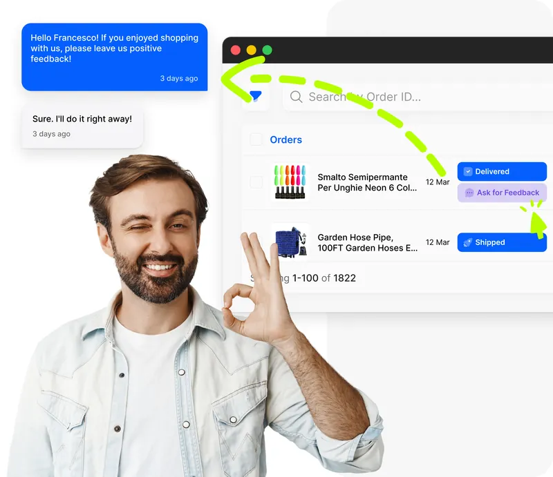 Venditore sorridente con dashboard ordini Droopify e badge Consegnato con richiesta feedback automatica al cliente