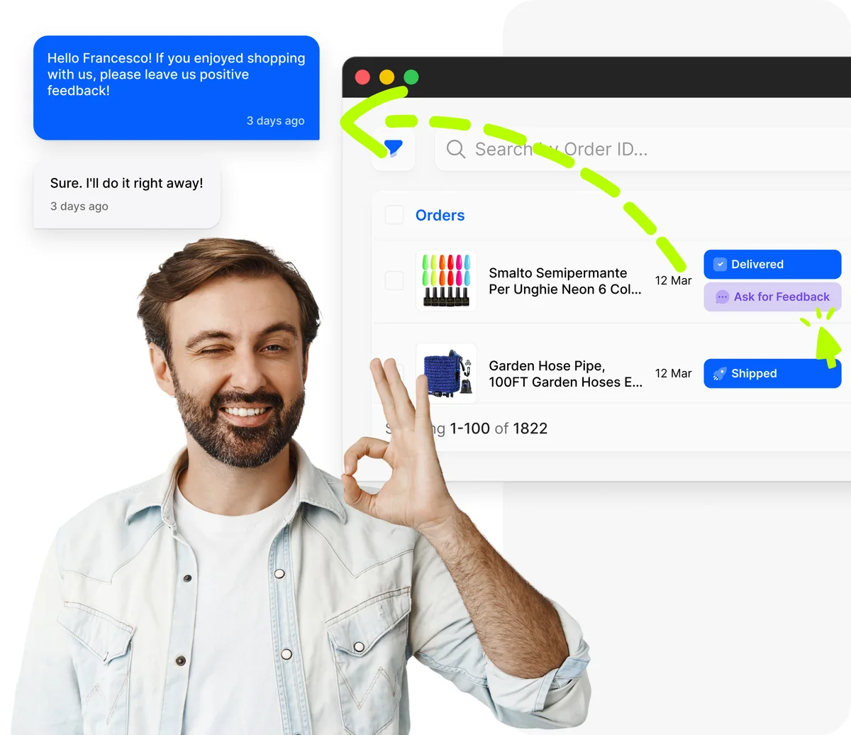 https://cdn.droopify.co/images/features/customer-communication/droopify-ebay-automatic-feedback-request.webp Venditore sorridente con dashboard ordini Droopify e badge Consegnato con richiesta feedback automatica al cliente