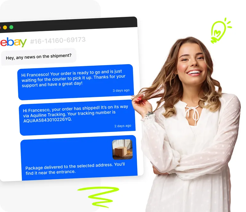 Venditrice sorridente con chat eBay Droopify e sequenza di messaggi automatici per conferma ordine, spedizione con codice tracking e foto consegna