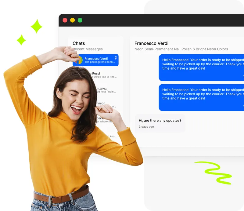 Centro messaggi Droopify con lista chat clienti eBay, conversazione aperta con messaggi automatici e gestione note interne