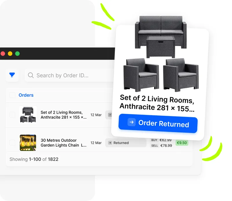 Dashboard ordini Droopify con lista prodotti, badge Cancellazione e Reso con card dettaglio ordine restituito e prezzi