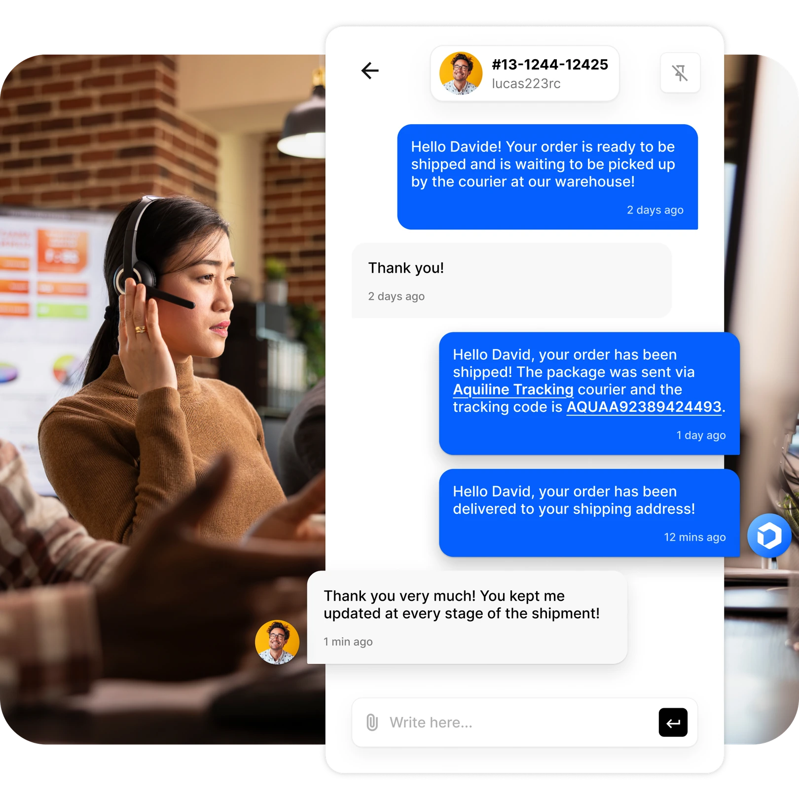 https://cdn.droopify.co/images/features/customer-communication/hero-droopify-ebay-customer-communication-chat.webp Operatrice con cuffie e chat eBay Droopify con messaggi automatici sullo stato dell'ordine e risposta cliente soddisfatto