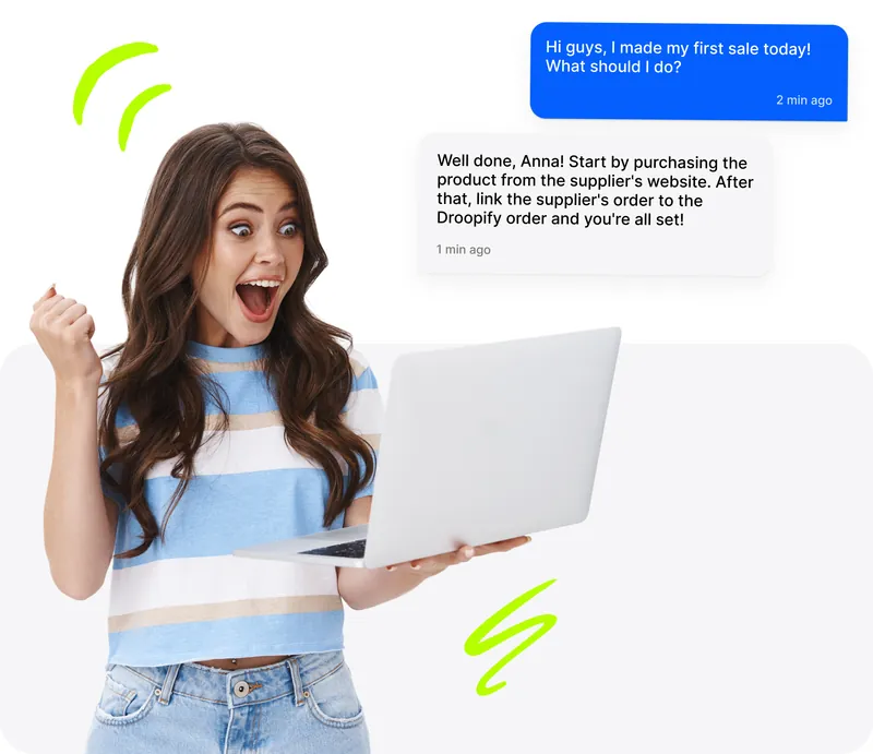 Venditrice eBay entusiasta con laptop che celebra la prima vendita con messaggi di supporto dalla community Discord Droopify