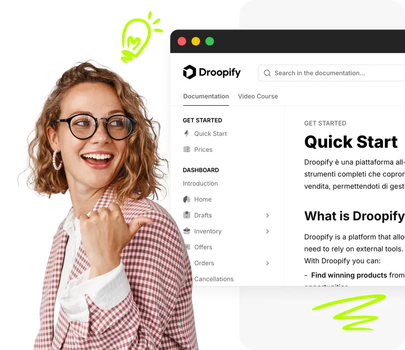 Venditrice sorridente davanti alla documentazione Droopify con sidebar di navigazione e sezioni guida