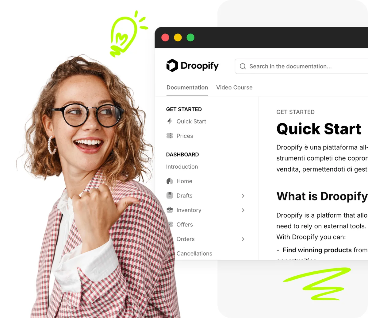 Smiling seller in front of Droopify documentation with navigation sidebar and guide sections