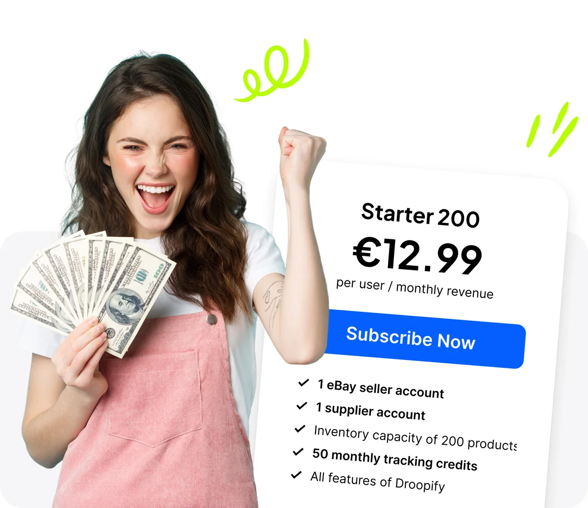Excited girl with cash in hand and Droopify Starter 200 plan card for the Invite a Friend program