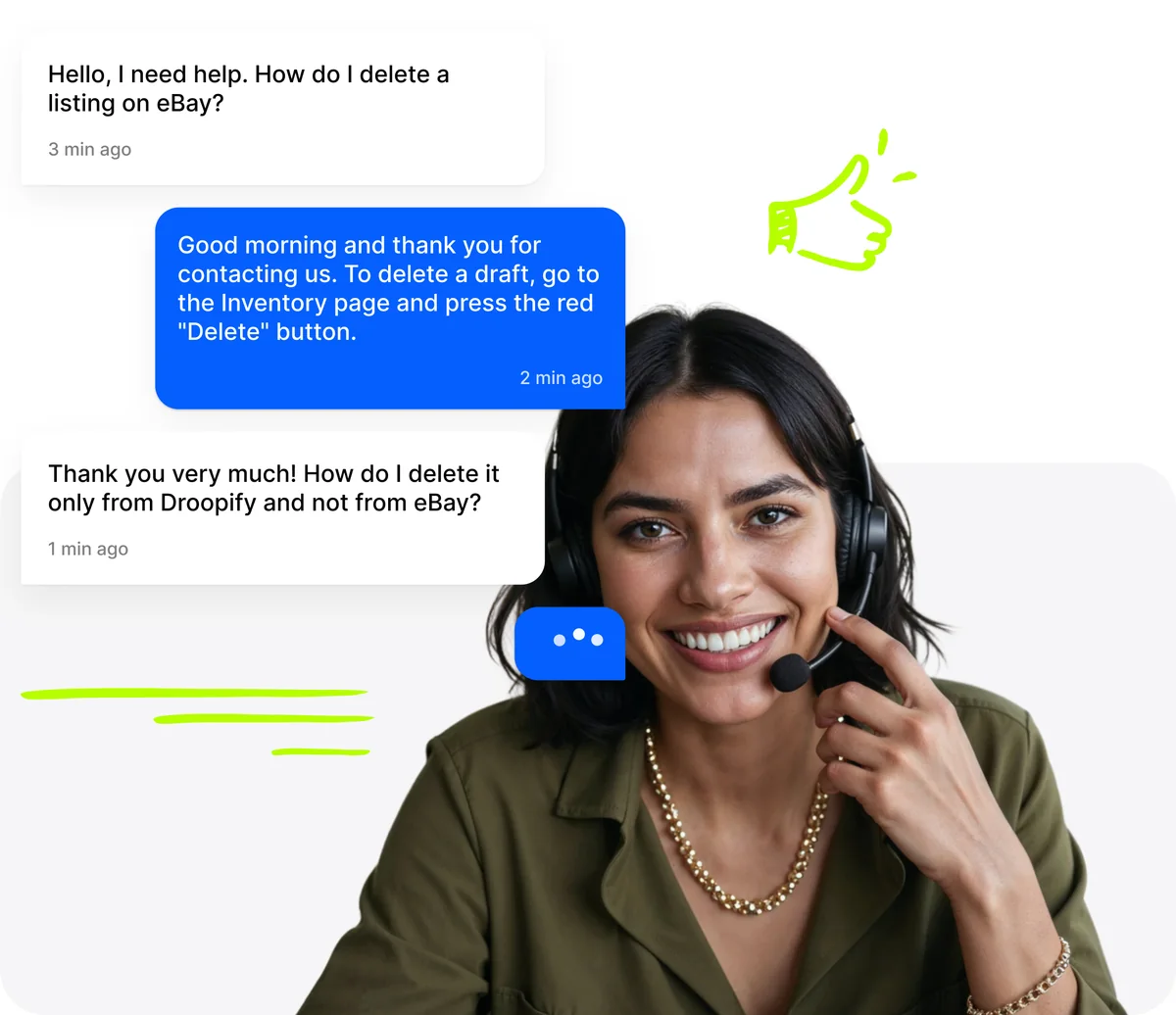 Smiling support agent with headphones and Droopify support chat with real-time response
