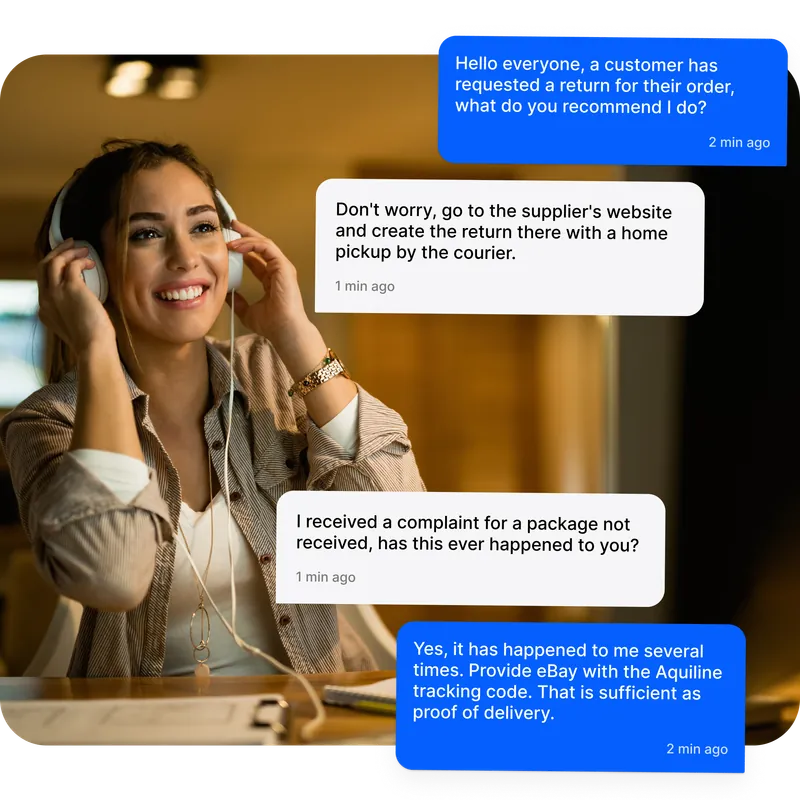 Venditrice eBay sorridente con cuffie e bolle di chat della community Discord Droopify con domande su resi e spedizioni