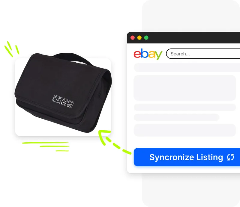 Card prodotto eBay esistente sincronizzata in Droopify con pulsante Sincronizza Inserzione e pagina eBay sullo sfondo