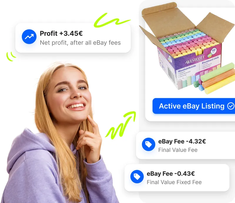 Ragazza sorridente con card inserzione eBay attiva, profitto netto e dettaglio commissioni eBay calcolati da Droopify