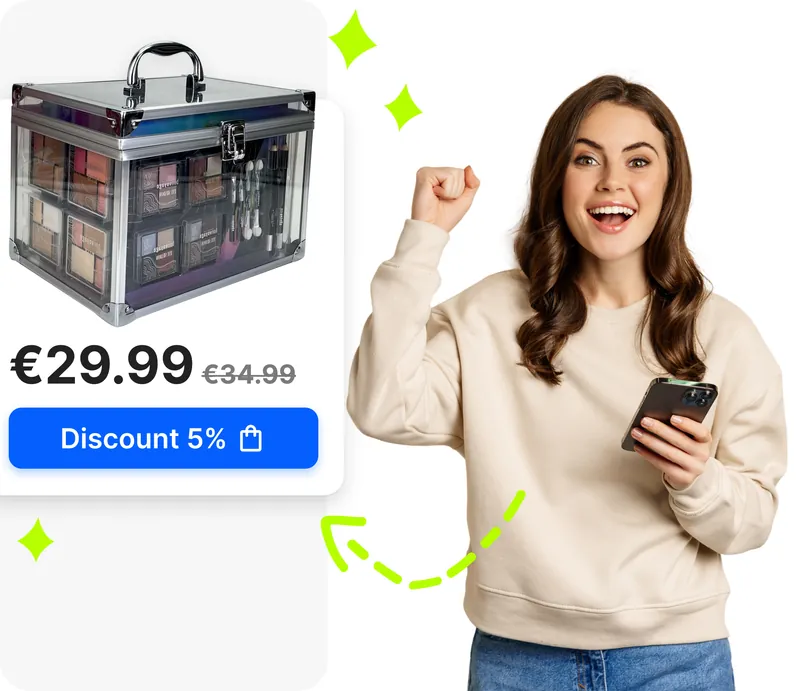 Ragazza entusiasta con smartphone accanto a card prodotto eBay con sconto del 5% inviato automaticamente da Droopify