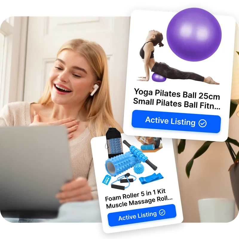 Ragazza sorridente al laptop con due card prodotto e badge Inserzione Attiva nell'inventario Droopify