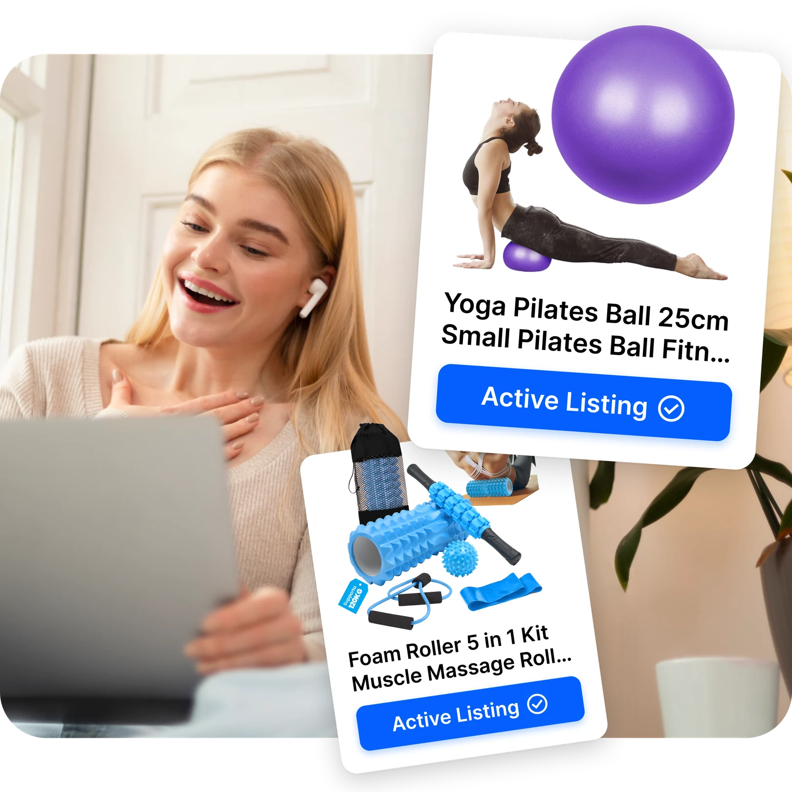 https://cdn.droopify.co/images/features/inventory-management/hero-droopify-ebay-inventory-management.webp Ragazza sorridente al laptop con due card prodotto e badge Inserzione Attiva nell'inventario Droopify