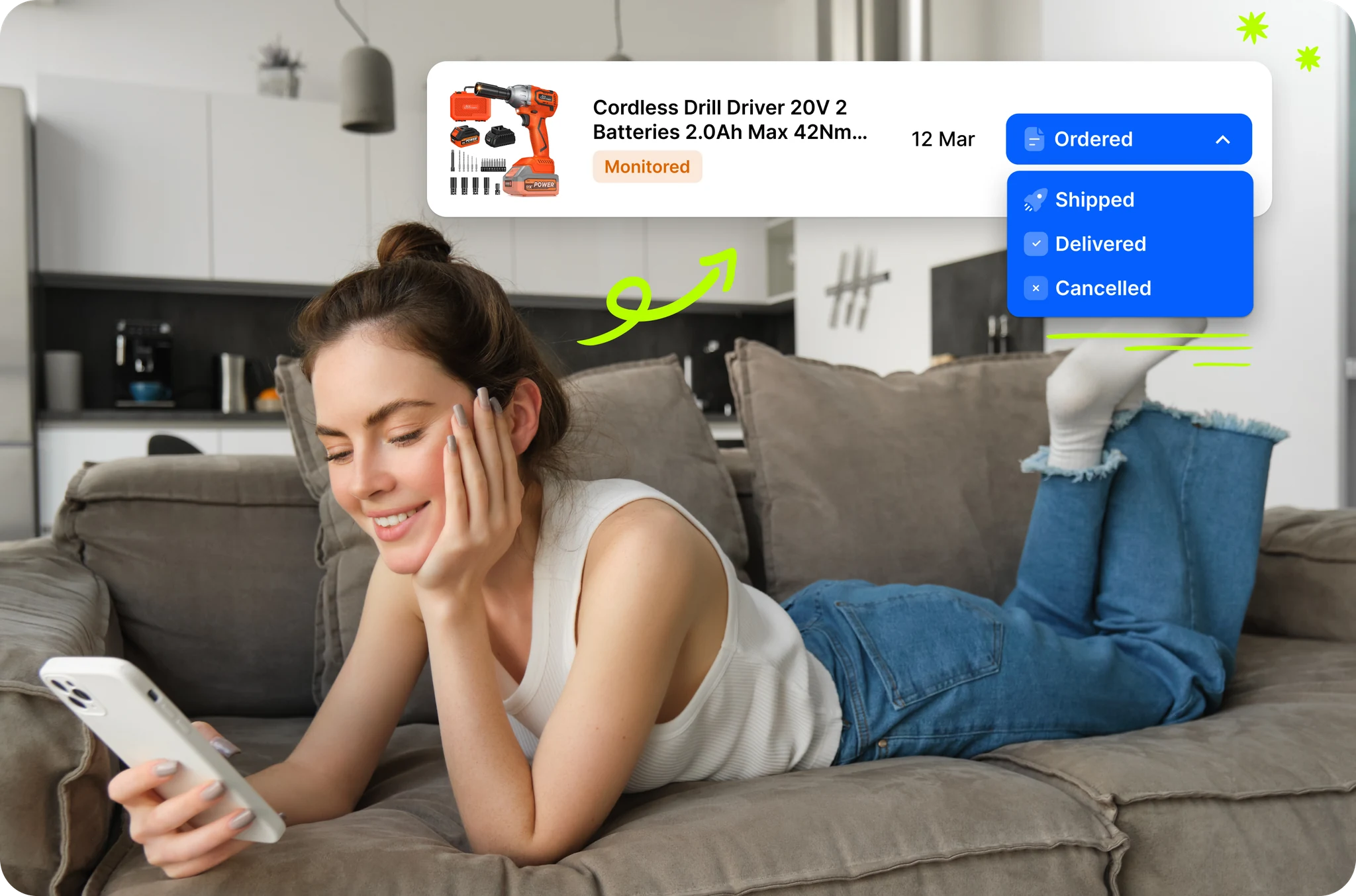Relaxed girl on couch with smartphone while Droopify monitors the order with Monitored badge and status dropdown showing Ordered, Shipped, Delivered, and Cancelled