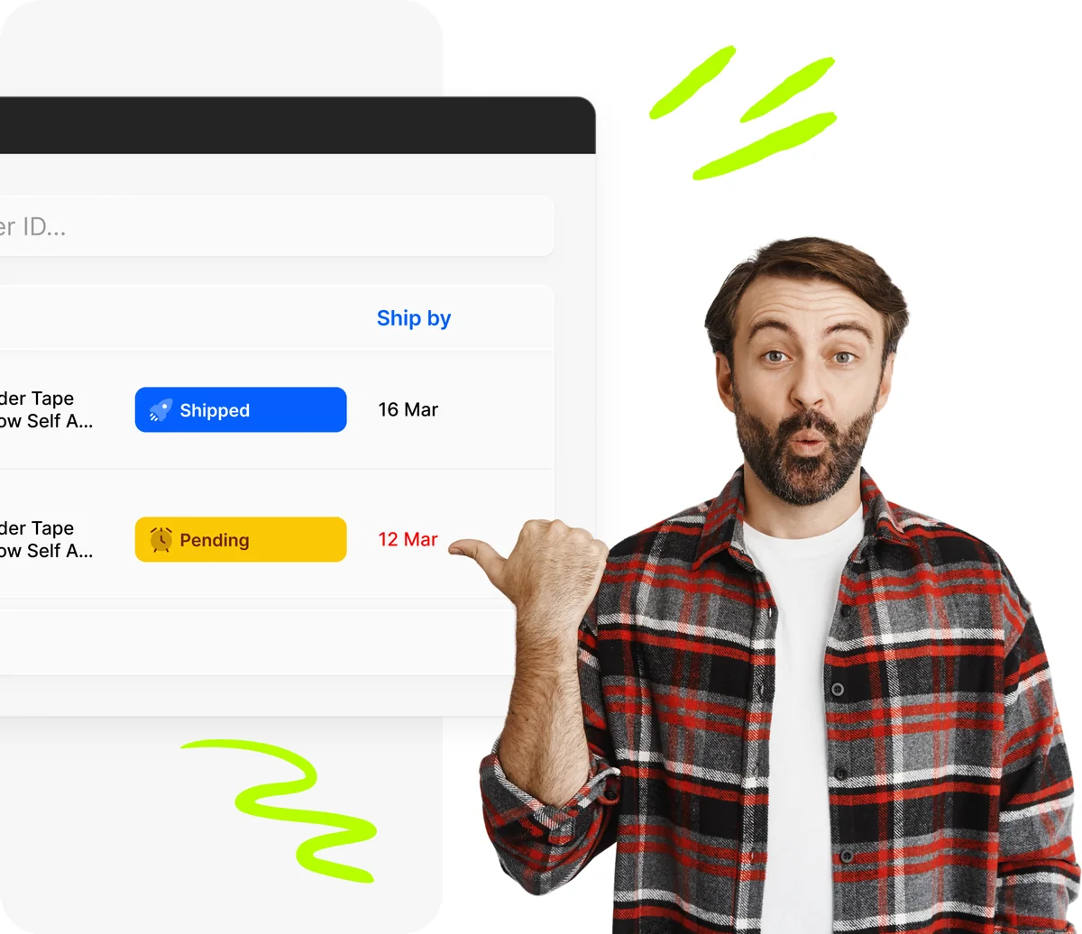 Surprised guy pointing at Droopify order list with Ship by column, Shipped and Pending badges with deadline dates
