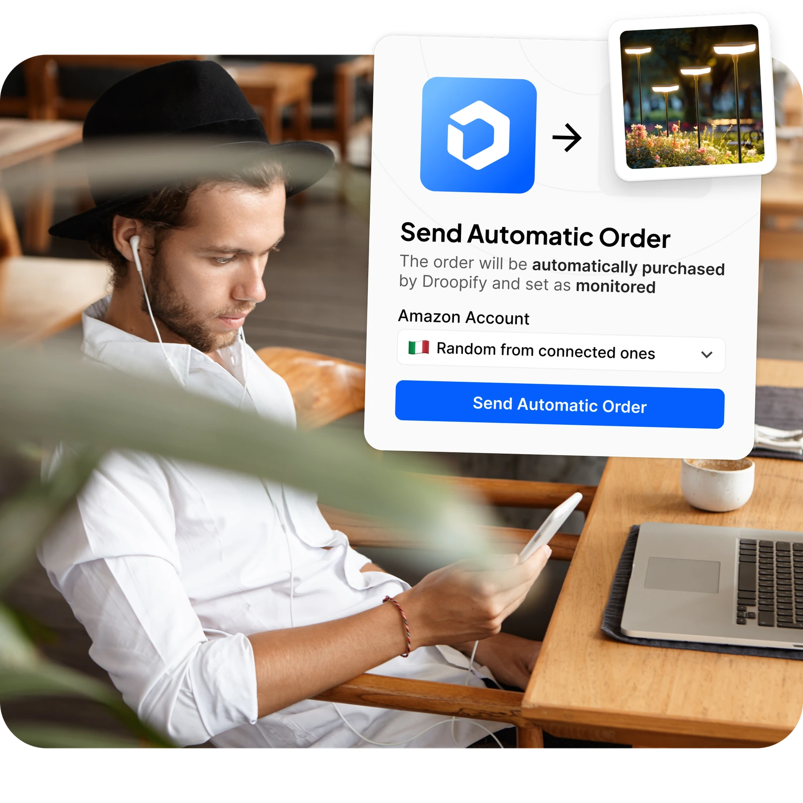 Guy at a cafe with smartphone and Droopify Send Automatic Order popup with Amazon account selection and product image