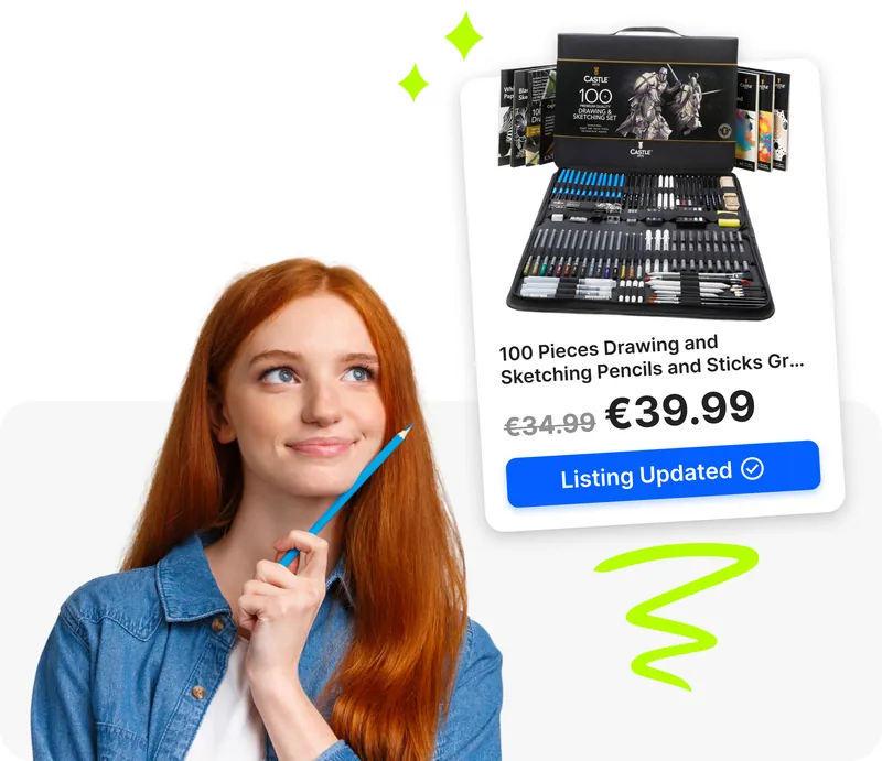 Ragazza pensierosa con card prodotto eBay aggiornata automaticamente da Droopify con prezzo precedente barrato e nuovo prezzo con badge Inserzione Aggiornata