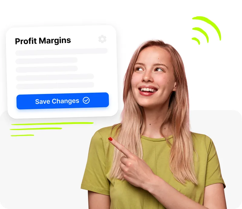 Ragazza sorridente che indica il pannello Margini di Profitto di Droopify con regole personalizzate e pulsante Salva Modifiche