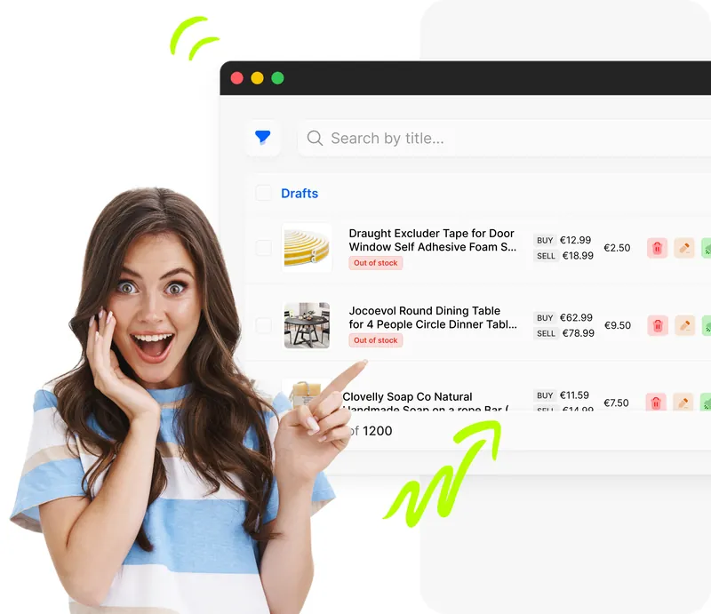 Ragazza entusiasta che indica la dashboard Droopify con lista prodotti, badge Out of stock, prezzi di acquisto e vendita e contatore 1200 inserzioni