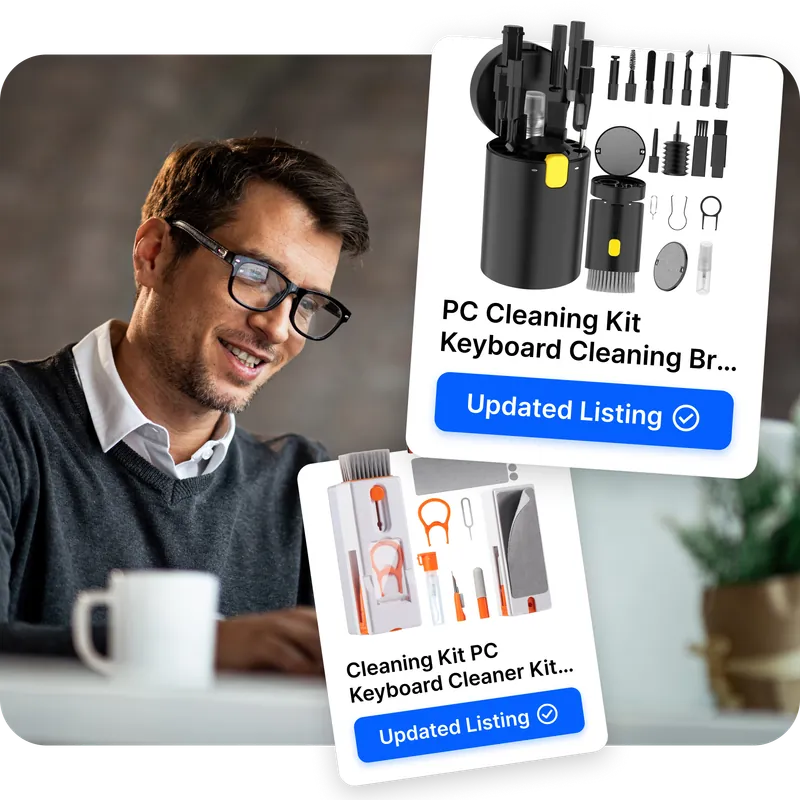 Ragazzo sorridente al laptop con due card prodotto eBay aggiornate automaticamente da Droopify con badge Inserzione Aggiornata