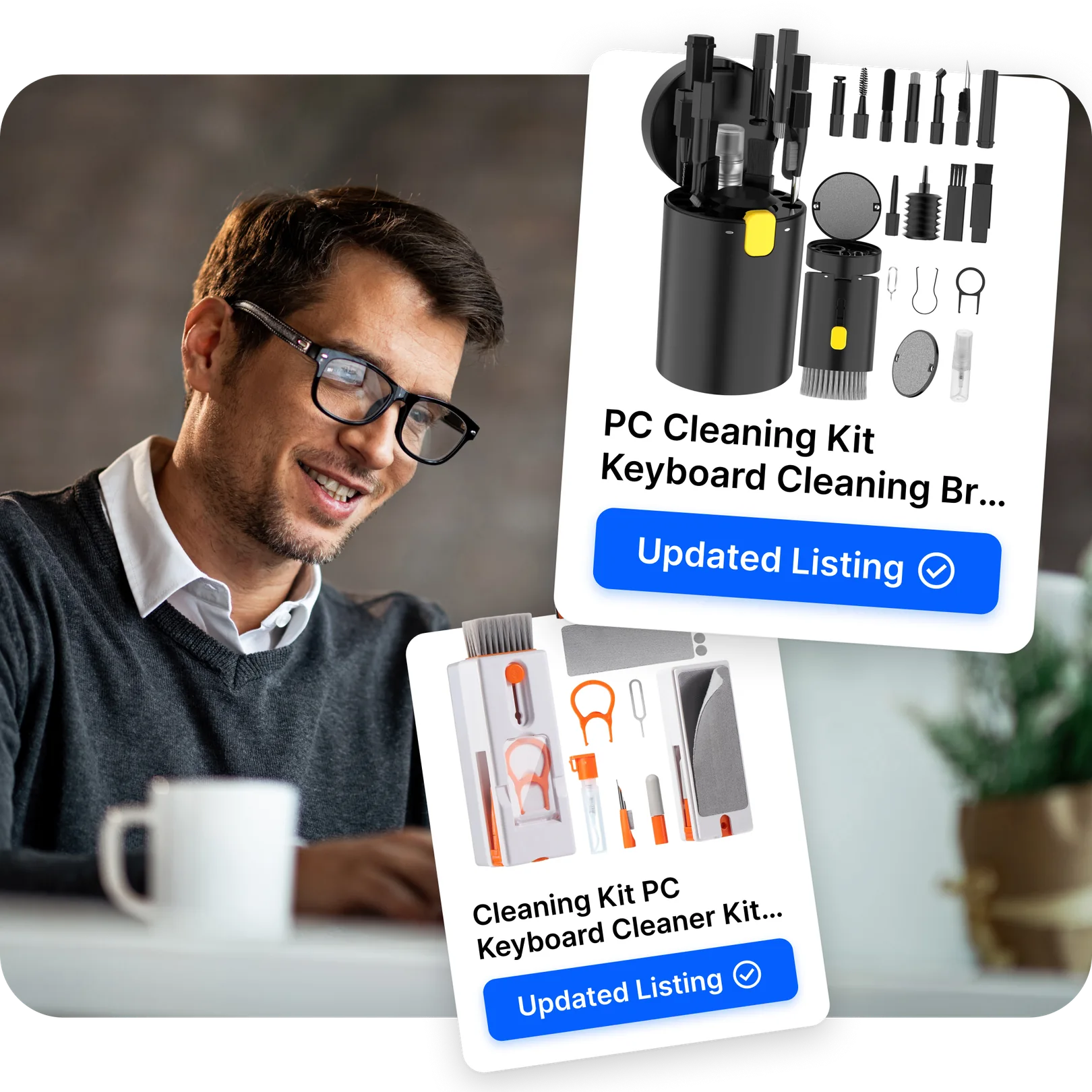 https://cdn.droopify.co/images/features/price-stock-monitoring/hero-droopify-ebay-price-stock-monitoring.webp Ragazzo sorridente al laptop con due card prodotto eBay aggiornate automaticamente da Droopify con badge Inserzione Aggiornata