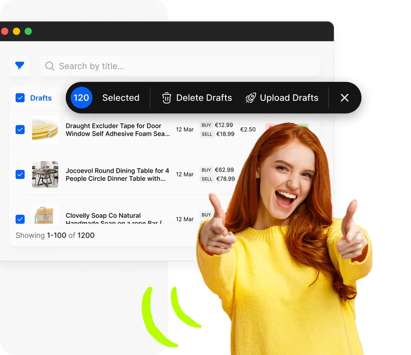 Lista bozze Droopify con prodotti selezionati, barra azioni in massa con pulsanti Elimina e Carica Bozze e ragazza entusiasta